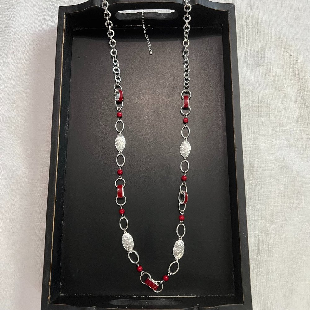 Silver Toned Necklace with Red & Silver beads 20 inch